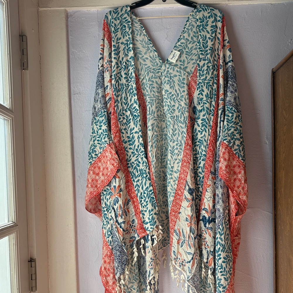 Hayden Teal Leaf Print kimono duster